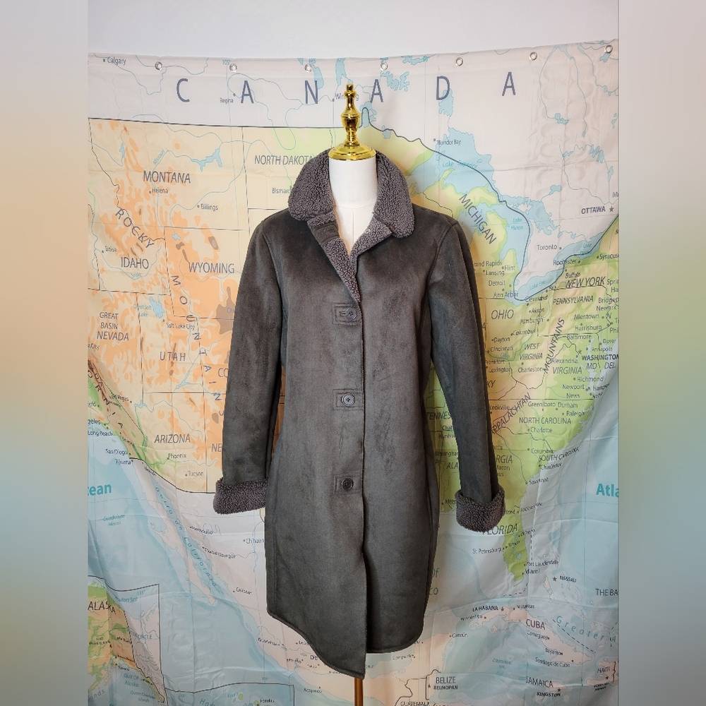 Lands'End Brown Sherpa Coat 3/4 Lenght With Pockets Size S 6-8